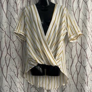 Striped V-Neck Wrap Top - White and Yellow - Size Medium